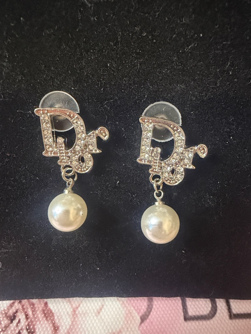 Crystal Monogram Drop Pearl Earrings - Silver and White